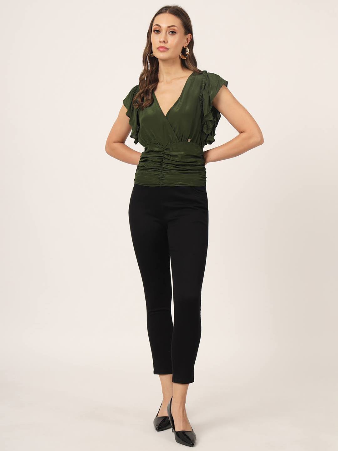 Beatnik Flutter Sleeve V neck Dark Olive Green Top