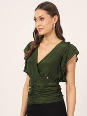 Beatnik Flutter Sleeve V neck Dark Olive Green Top