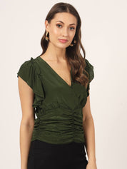 Beatnik Flutter Sleeve V neck Dark Olive Green Top