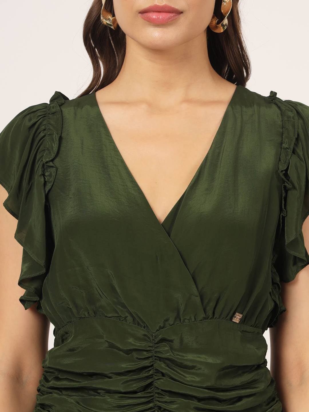 Beatnik Flutter Sleeve V neck Dark Olive Green Top