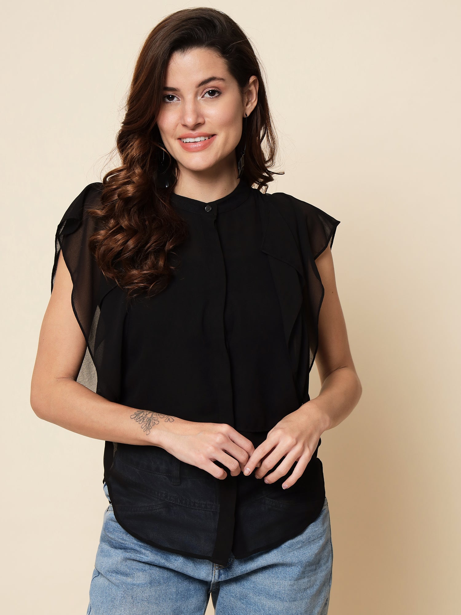 Beatnik Round Neck Black Womens Top