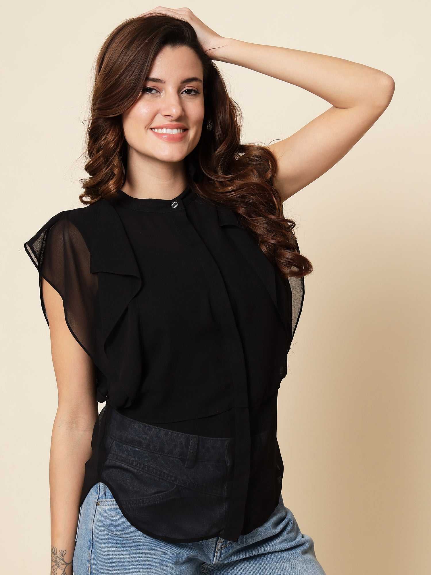 Beatnik Round Neck Black Womens Top