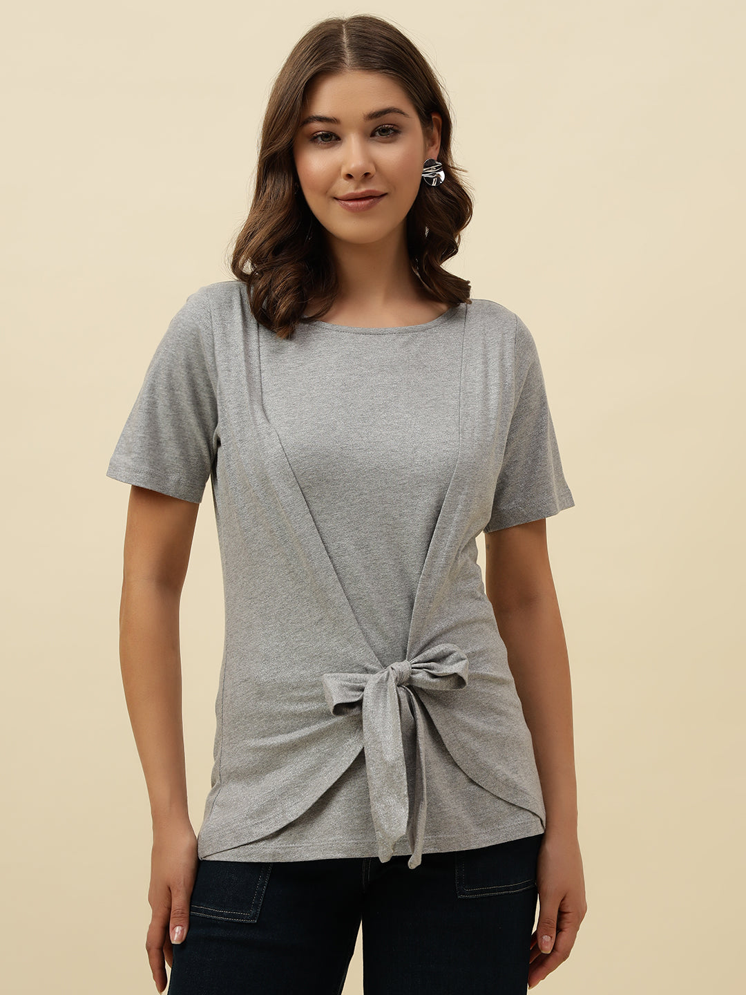 Beatnik Solid Casual Wear Short Sleeve Cinched Waist Top Beatnik India