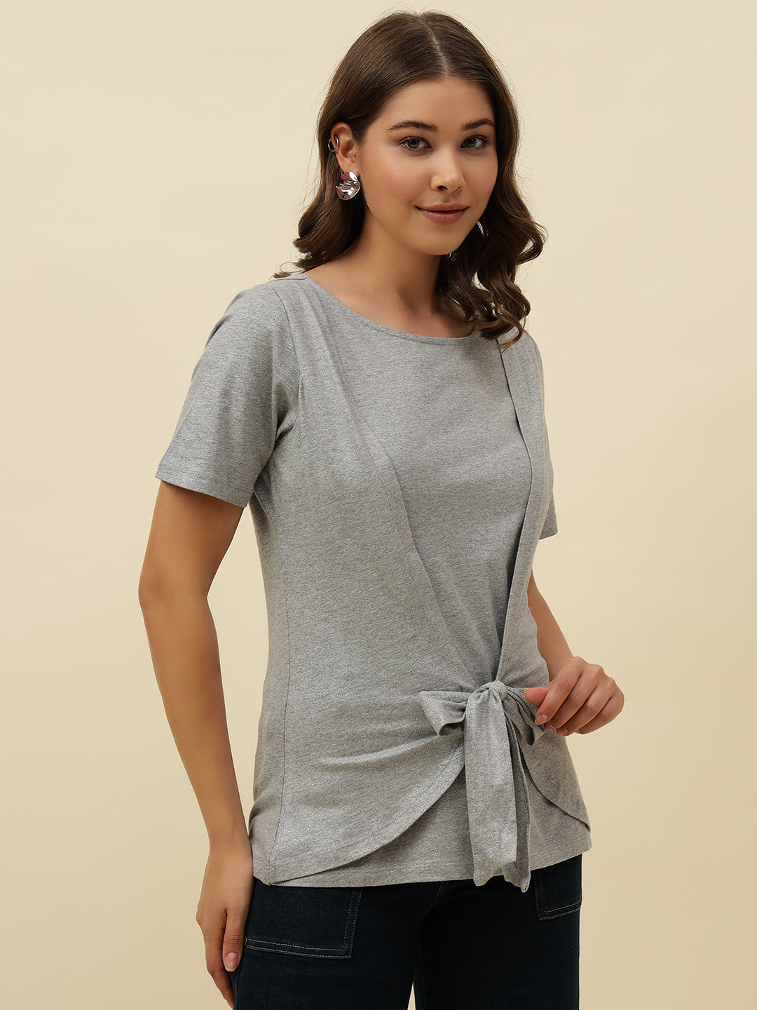 Beatnik Solid Casual Wear Short Sleeve Cinched Waist Top Beatnik India