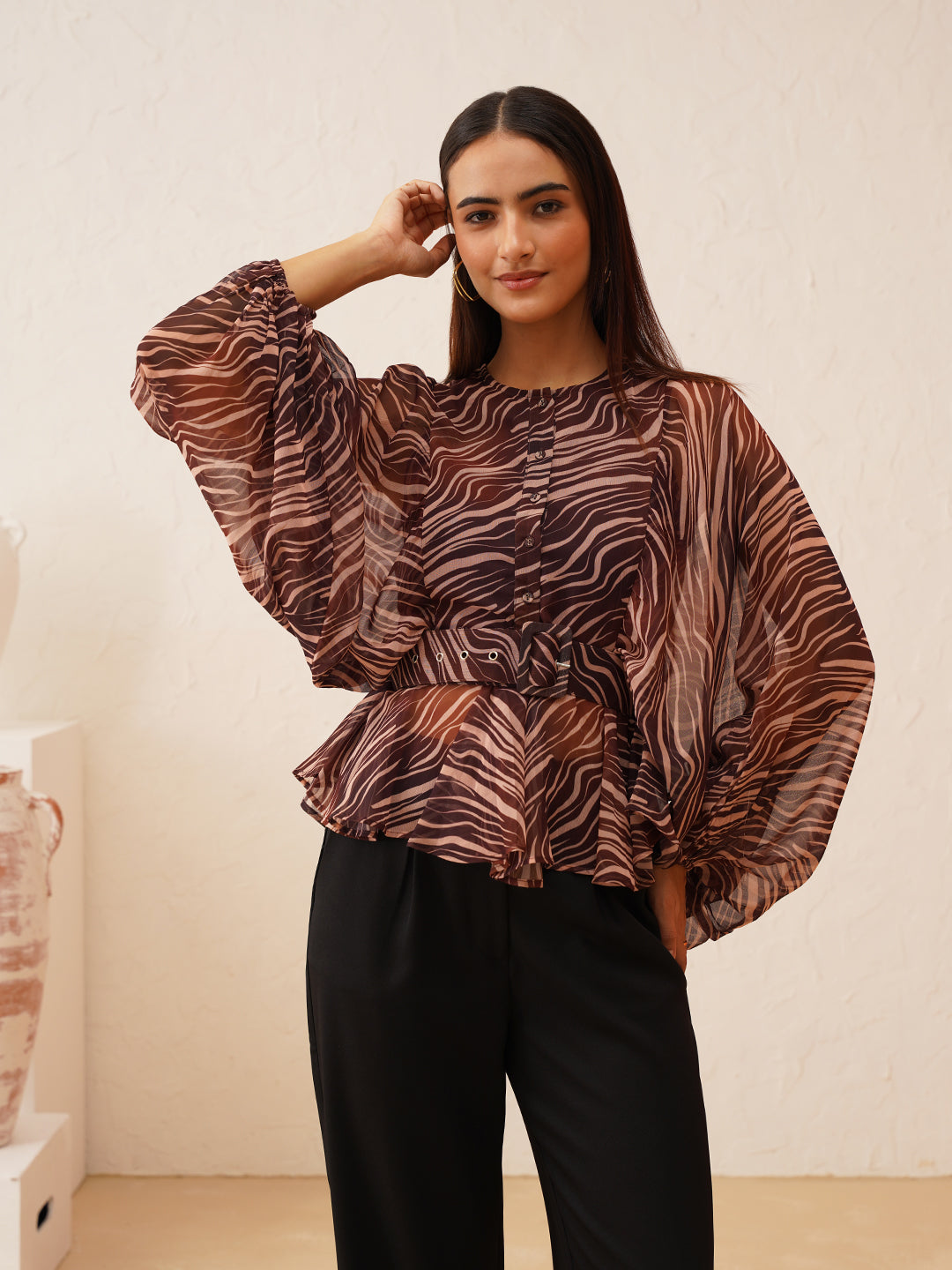 Animal Print Batwing Sleeve Top with Belt