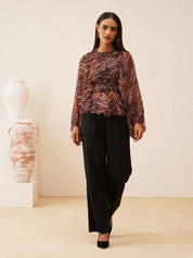 Animal Print Batwing Sleeve Top with Belt