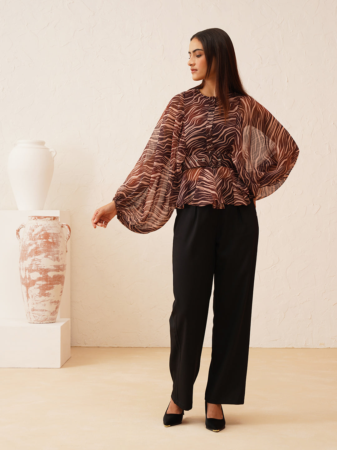 Animal Print Batwing Sleeve Top with Belt