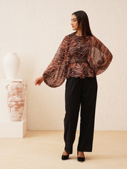 Animal Print Batwing Sleeve Top with Belt