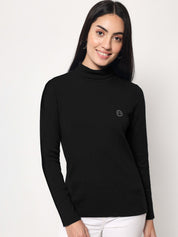 A-Line Ribbed High Neck Full Sleeve Black Top for Women