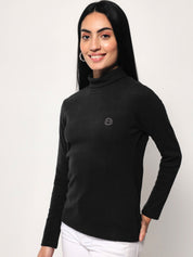 A-Line Ribbed High Neck Full Sleeve Black Top for Women