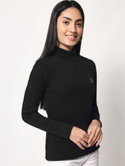 A-Line Ribbed High Neck Full Sleeve Black Top for Women