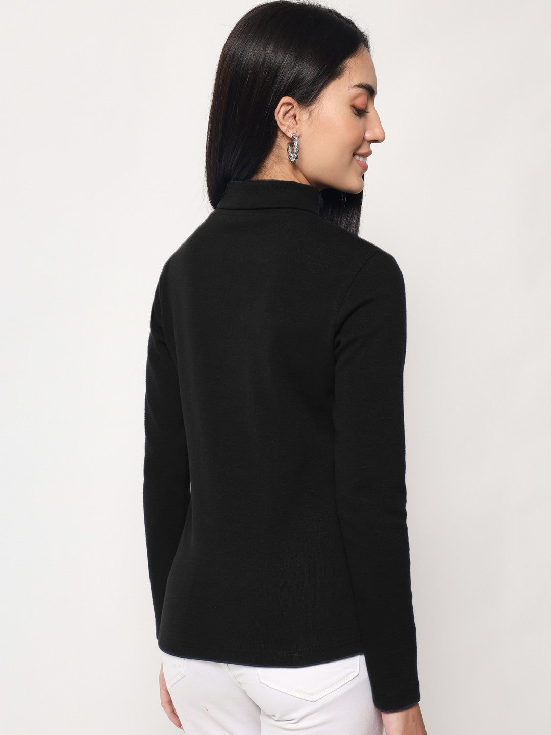 A-Line Ribbed High Neck Full Sleeve Black Top for Women