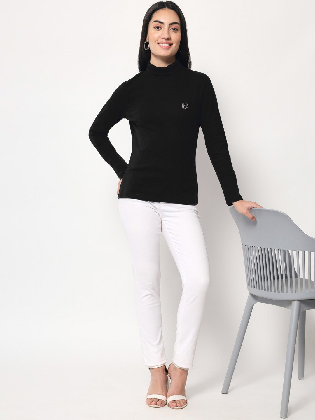 A-Line Ribbed High Neck Full Sleeve Black Top for Women