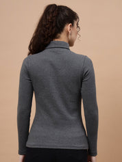 A-Line Ribbed High Neck Full Sleeve Dark Grey Top for Women