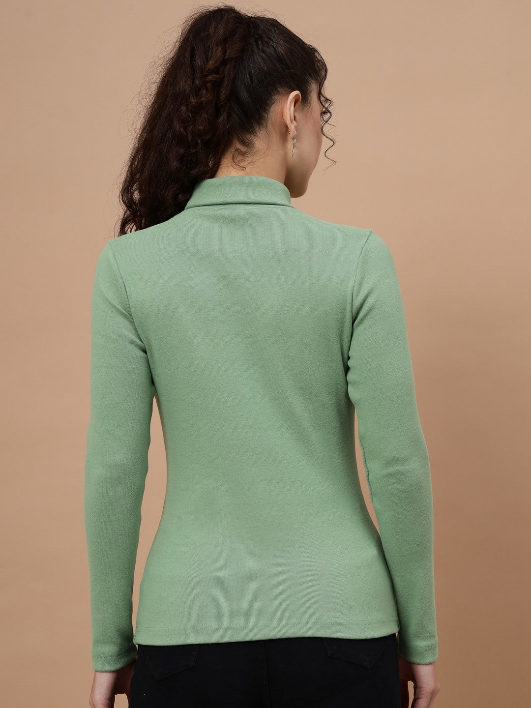 A-Line Ribbed High Neck Full Sleeve Green Top for Women