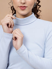 A-Line Ribbed High Neck Full Sleeve Light Blue Top for Women