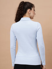 A-Line Ribbed High Neck Full Sleeve Light Blue Top for Women