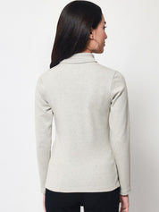 A-Line Ribbed High Neck Full Sleeve Light Grey Top for Women