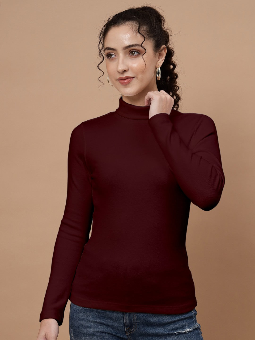 A-Line Ribbed High Neck Full Sleeve Maroon Top for Women