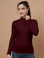 A-Line Ribbed High Neck Full Sleeve Maroon Top for Women