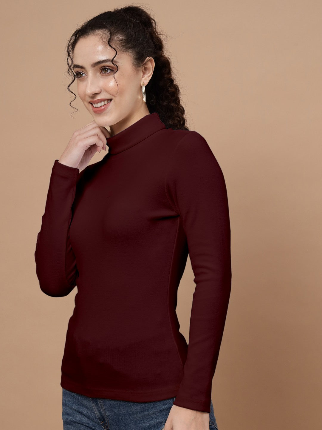 A-Line Ribbed High Neck Full Sleeve Maroon Top for Women