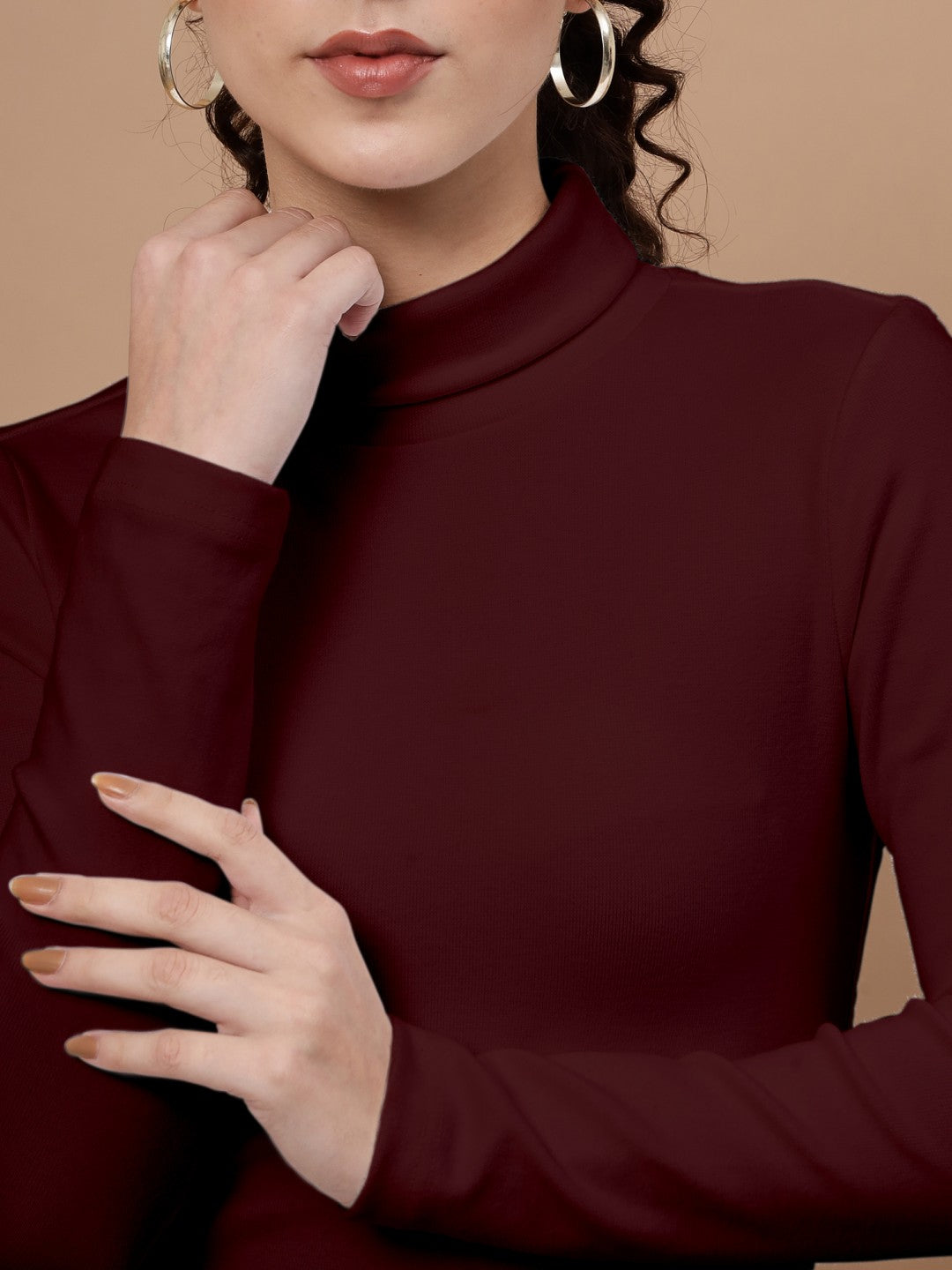 A-Line Ribbed High Neck Full Sleeve Maroon Top for Women