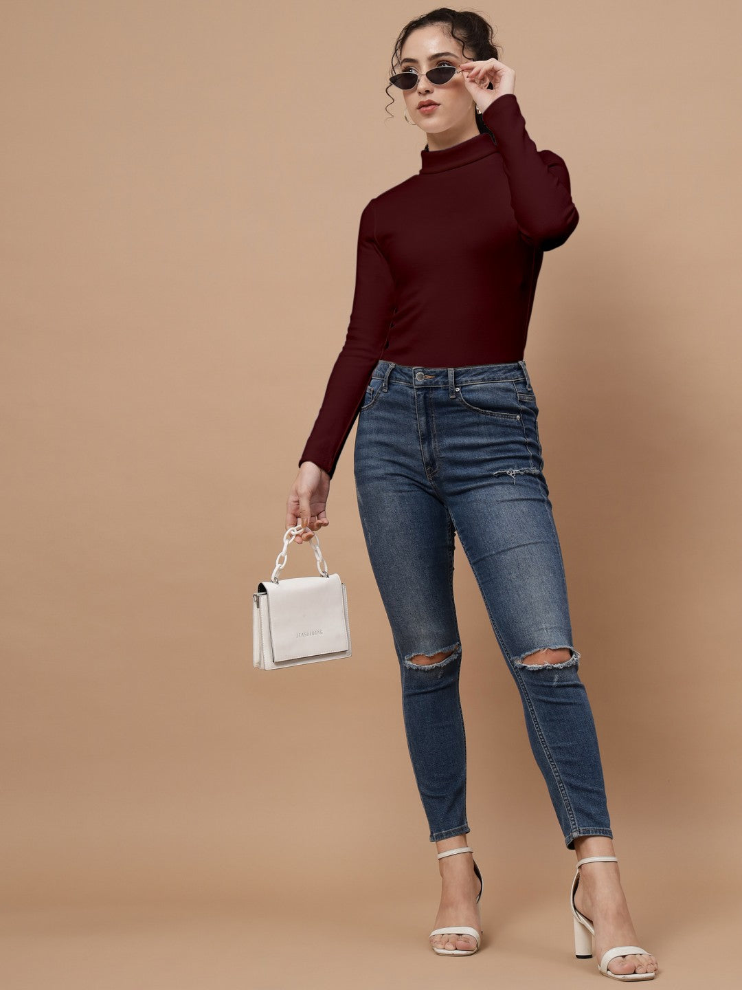 A-Line Ribbed High Neck Full Sleeve Maroon Top for Women