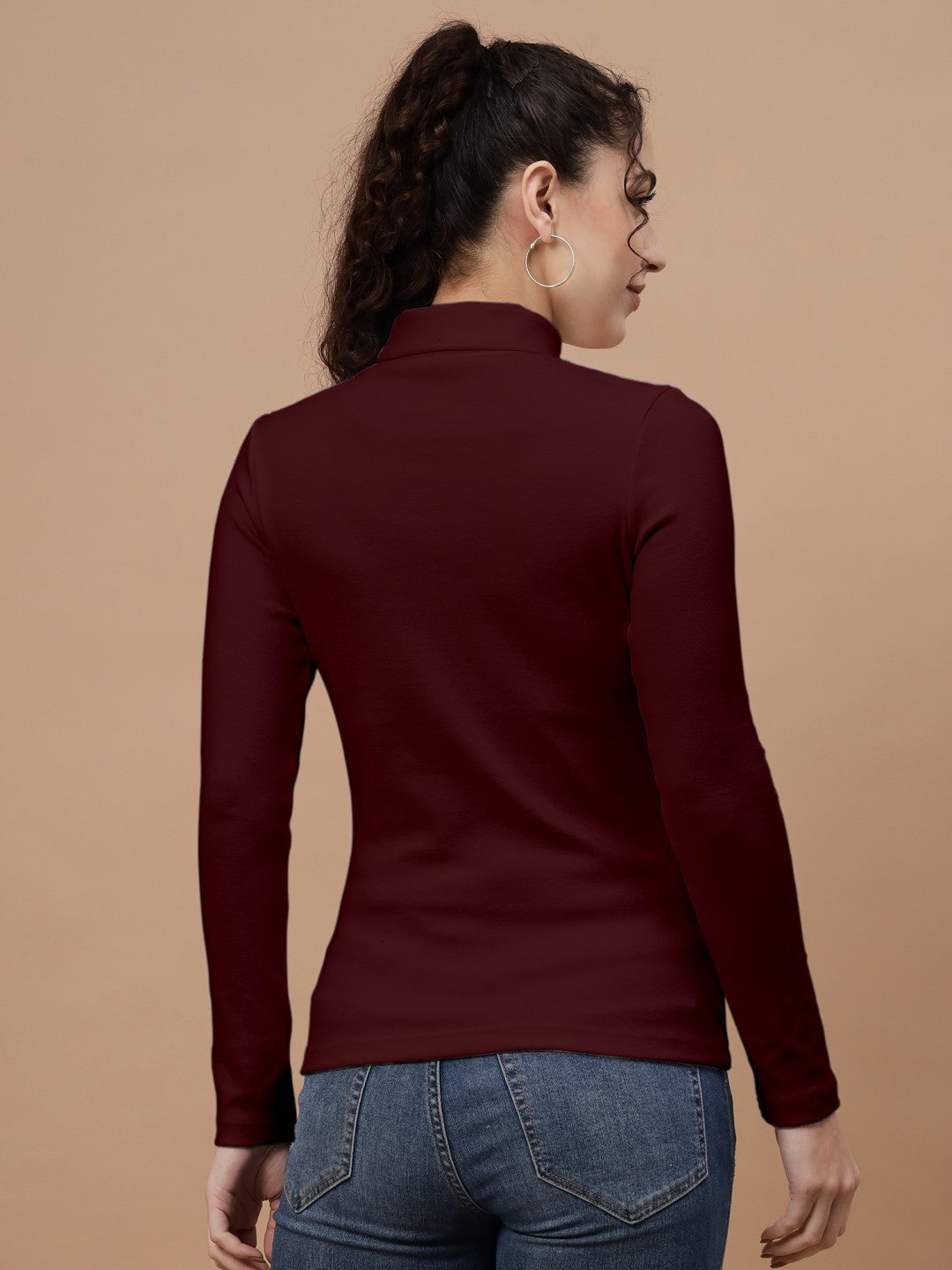 A-Line Ribbed High Neck Full Sleeve Maroon Top for Women