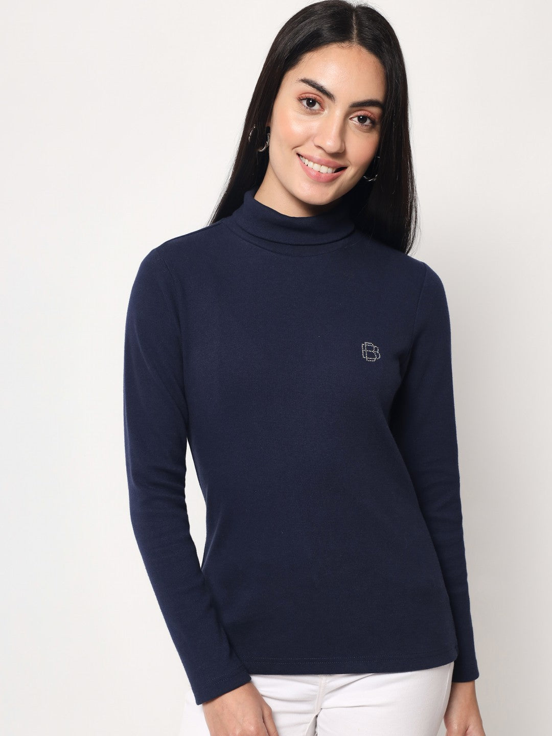 A-Line Ribbed High Neck Full Sleeve Midnight Blue Top for Women