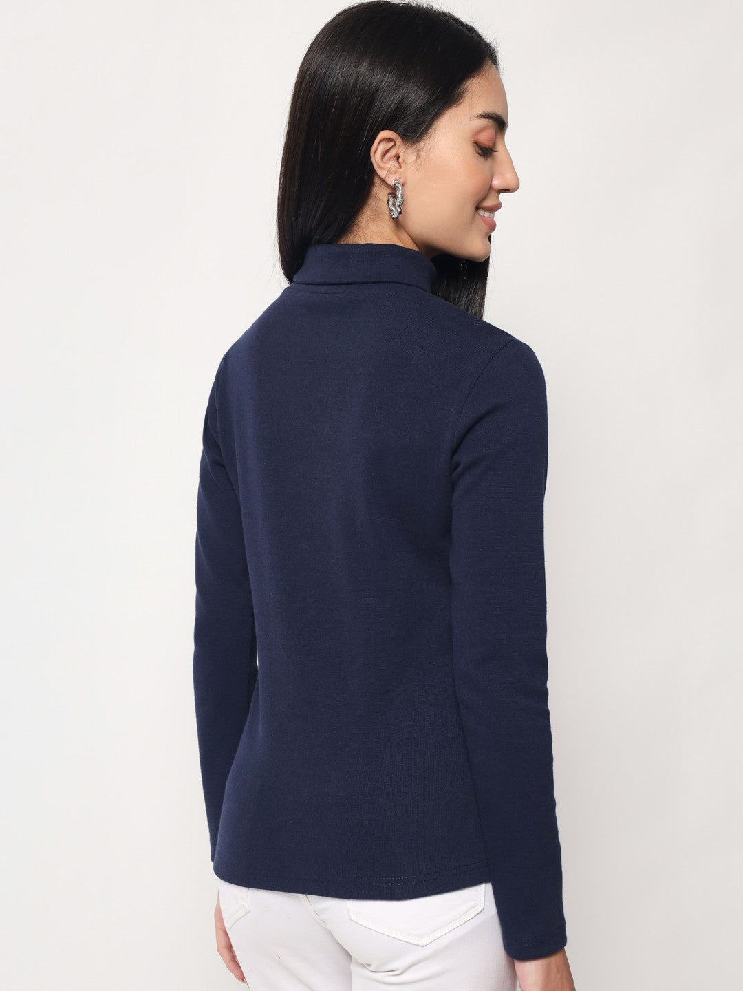 A-Line Ribbed High Neck Full Sleeve Midnight Blue Top for Women