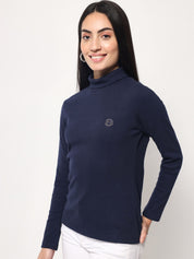 A-Line Ribbed High Neck Full Sleeve Midnight Blue Top for Women