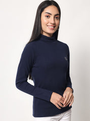 A-Line Ribbed High Neck Full Sleeve Midnight Blue Top for Women