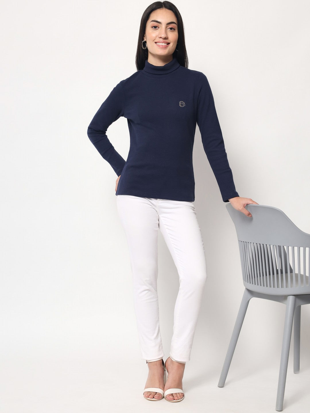 A-Line Ribbed High Neck Full Sleeve Midnight Blue Top for Women