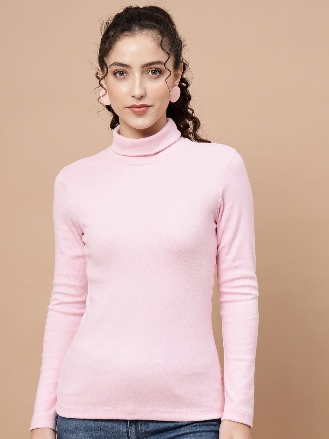 A-Line Ribbed High Neck Full Sleeve Pink Top for Women