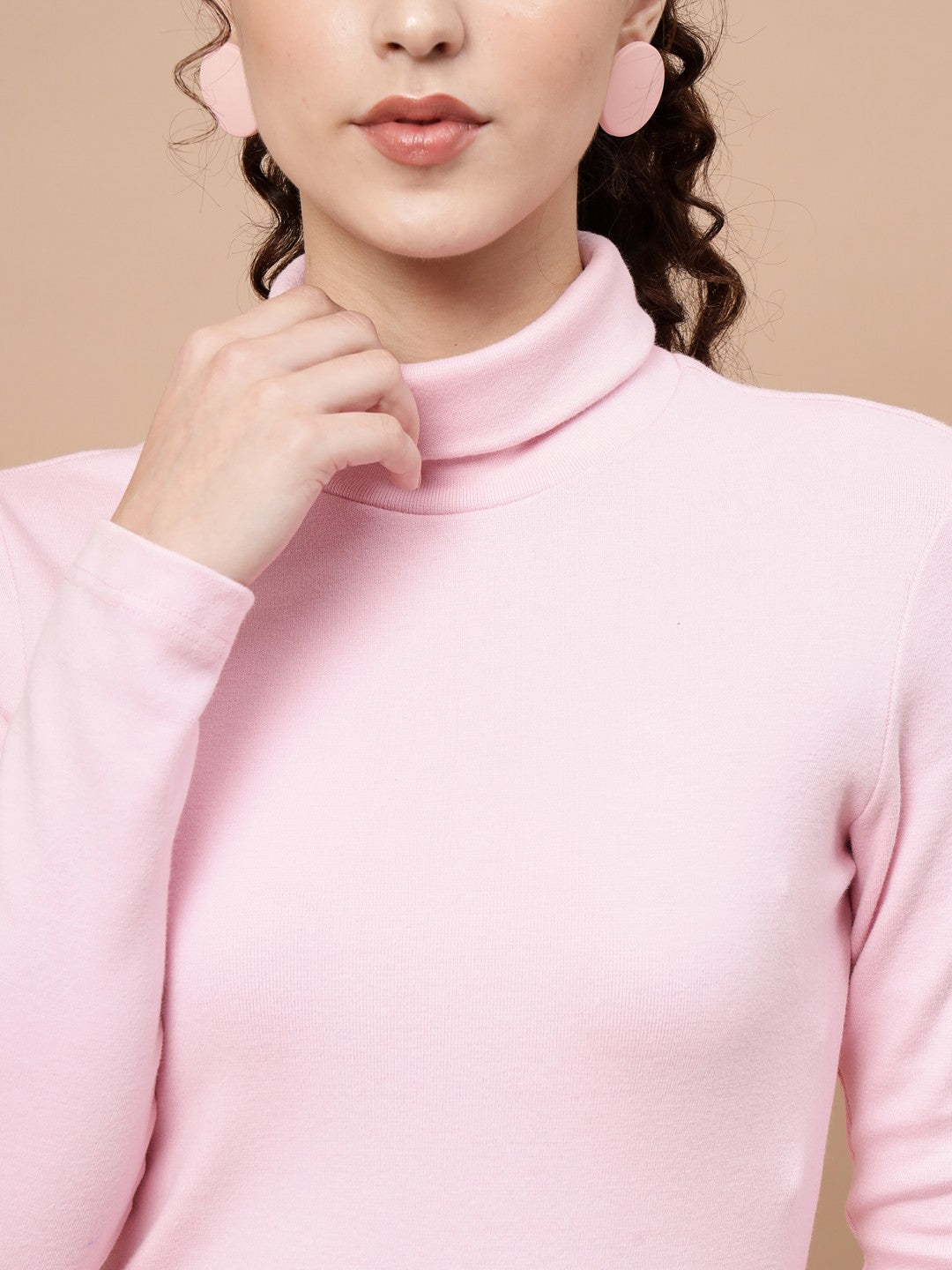 A-Line Ribbed High Neck Full Sleeve Pink Top for Women