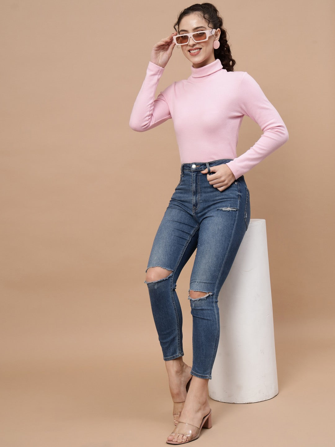 A-Line Ribbed High Neck Full Sleeve Pink Top for Women