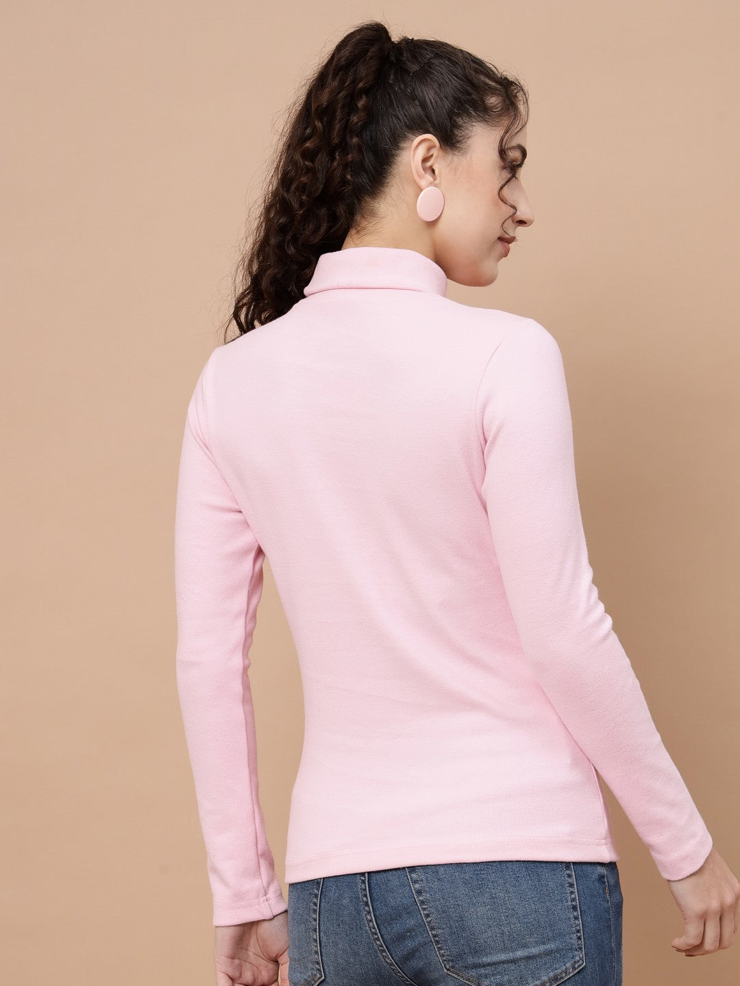 A-Line Ribbed High Neck Full Sleeve Pink Top for Women