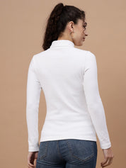 A-Line Ribbed High Neck Full Sleeve White Top for Women