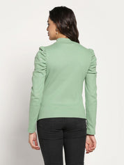 A-Line Ribbed High Neck Green Top with Elegant Puff Sleeves with Bead Embellishments