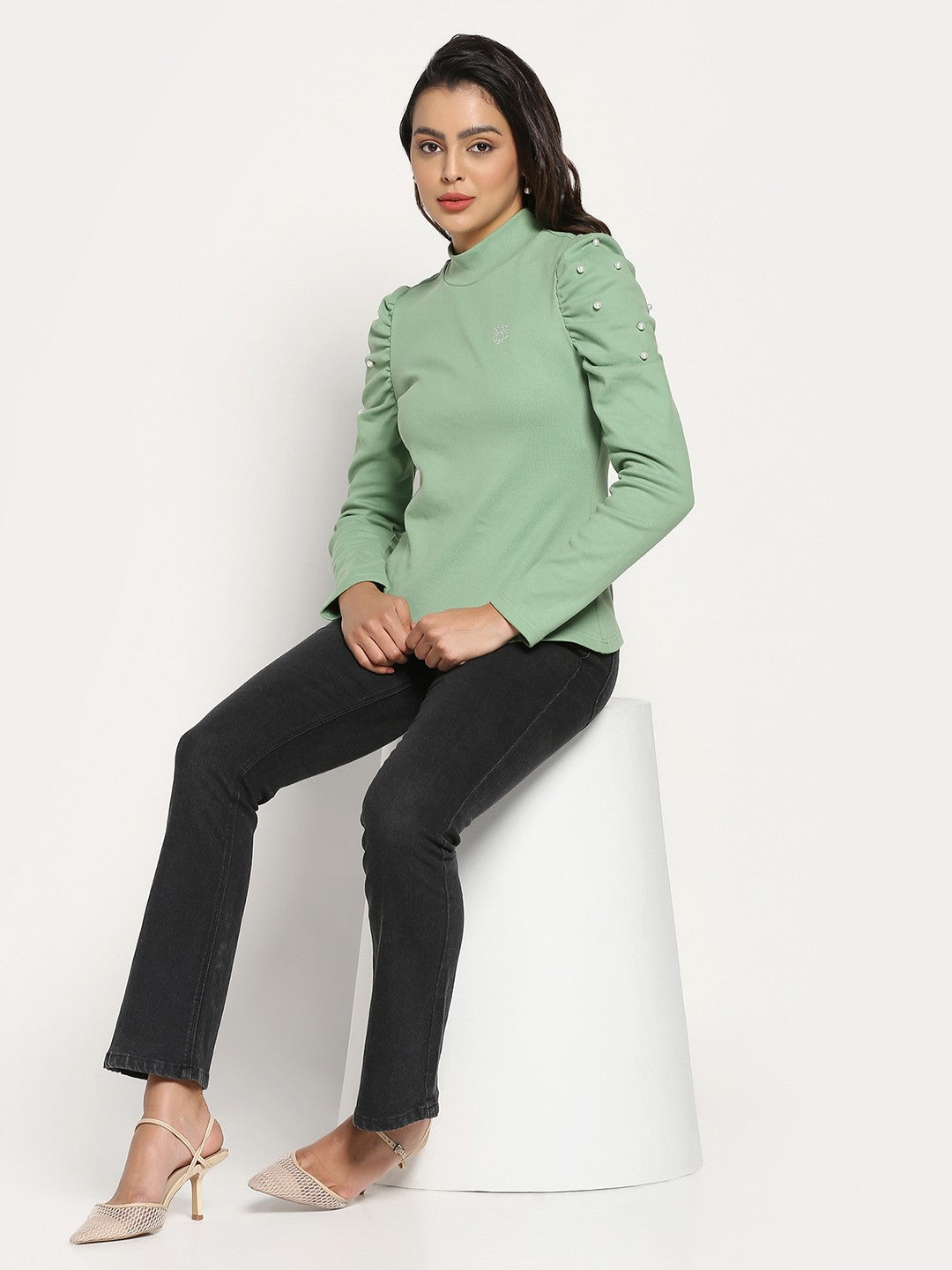 A-Line Ribbed High Neck Green Top with Elegant Puff Sleeves with Bead Embellishments