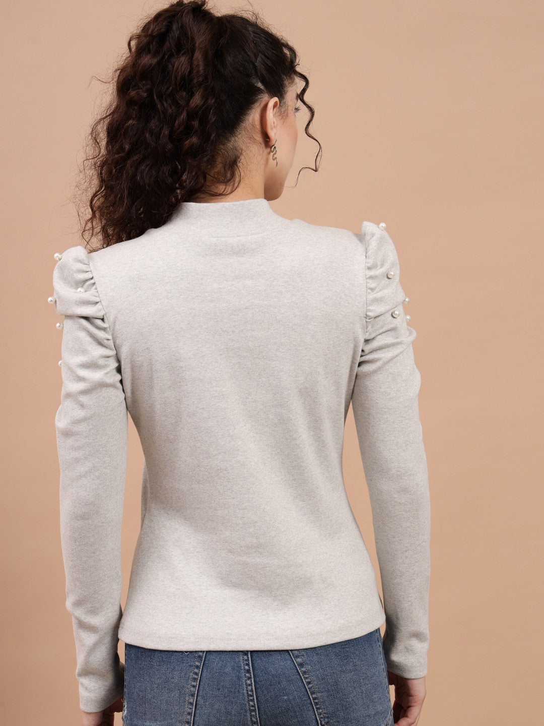 A-Line Ribbed High Neck Light Grey Top with Elegant Puff Sleeves with Bead Embellishments