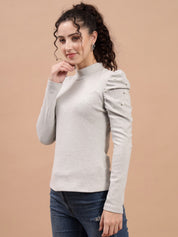 A-Line Ribbed High Neck Light Grey Top with Elegant Puff Sleeves with Bead Embellishments