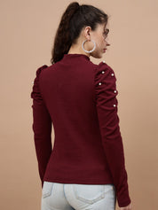 A-Line Ribbed High Neck Maroon Top with Elegant Puff Sleeves with Bead Embellishments