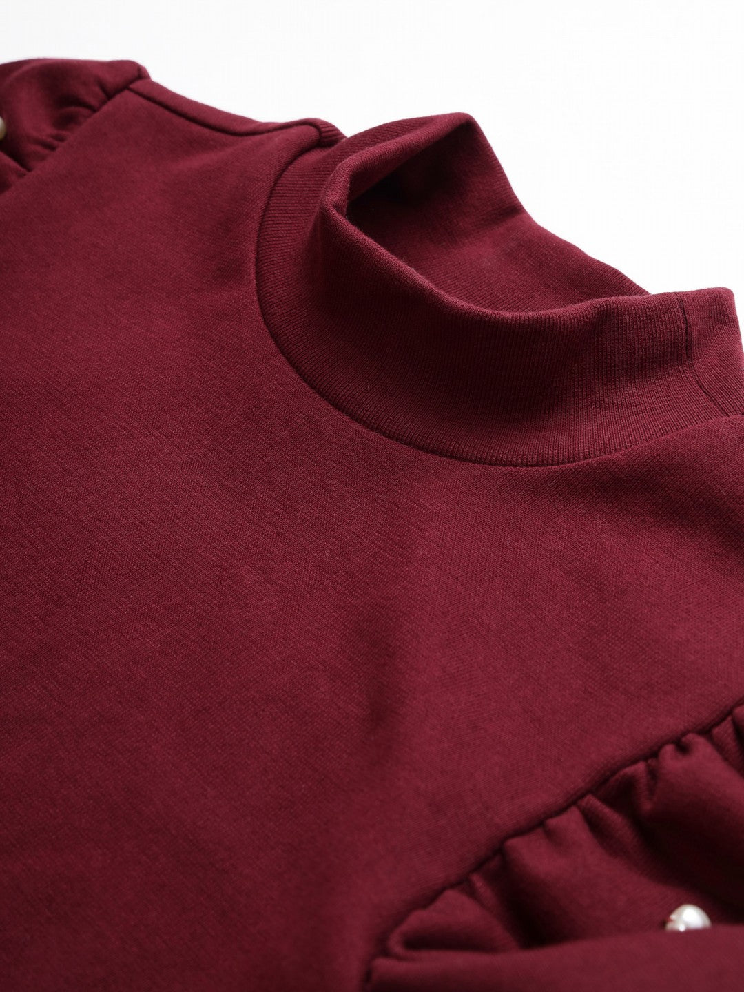 A-Line Ribbed High Neck Maroon Top with Elegant Puff Sleeves with Bead Embellishments