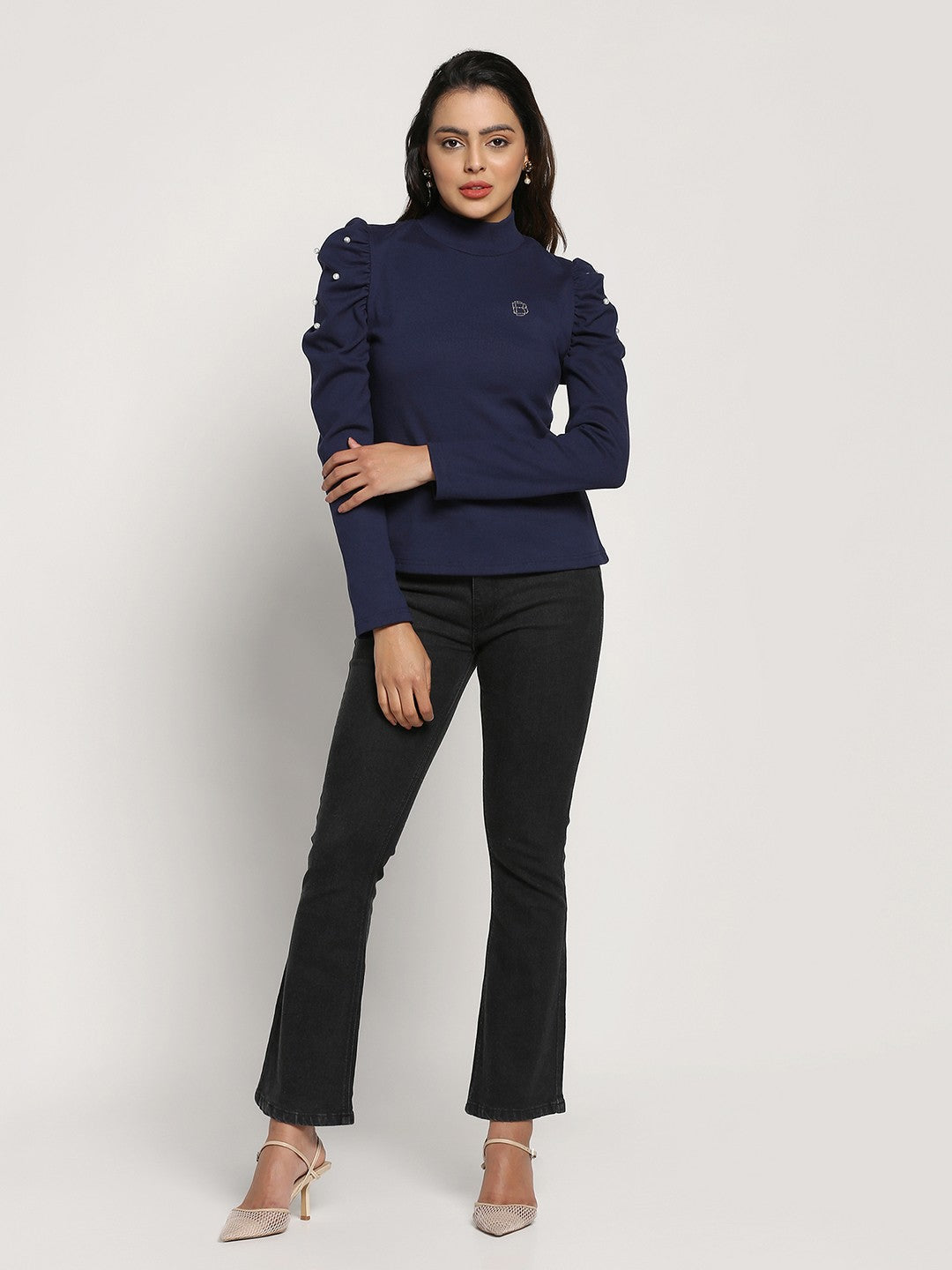 A-Line Ribbed High Neck Navy Blue Top with Elegant Puff Sleeves with Bead Embellishments