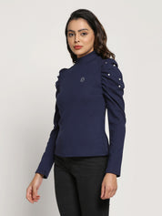 A-Line Ribbed High Neck Navy Blue Top with Elegant Puff Sleeves with Bead Embellishments