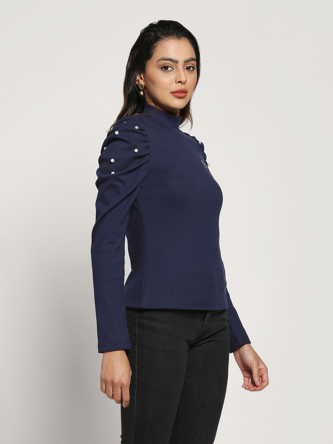 A-Line Ribbed High Neck Navy Blue Top with Elegant Puff Sleeves with Bead Embellishments