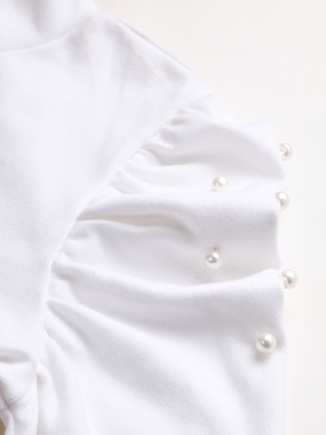 A-Line Ribbed High Neck White Top with Elegant Puff Sleeves with Bead Embellishments