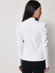 A-Line Ribbed High Neck White Top with Elegant Puff Sleeves with Bead Embellishments