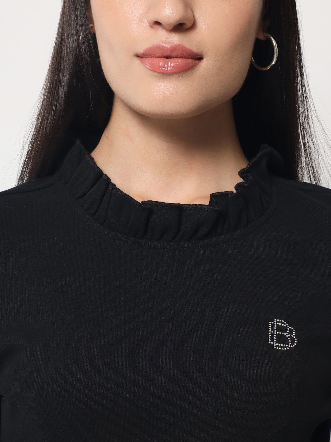 A-Line Ribbed Casual Wear Black Top with Frill Neck and Sleeves